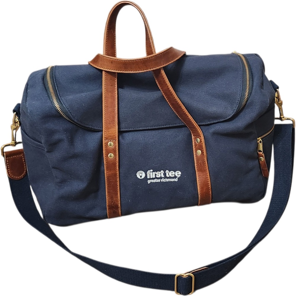 Hudson Sutler Navy Blue Medium Canvas Duffle Bag Leather Trim  Medium 17x11x8‎